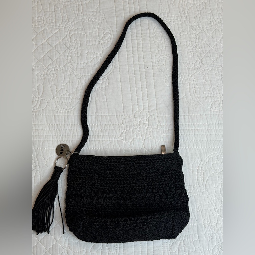 The SAK Small Black Square Crochet Woven Crossbody Zip Pocket Pouch Purse